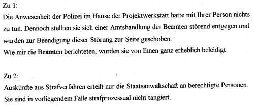 Antwortschreiben zur Beschwerde, Seite 1