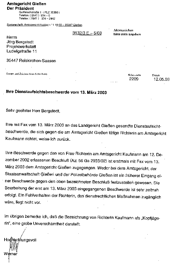 Ablehnung der Dienstaufsichtsbeschwerde