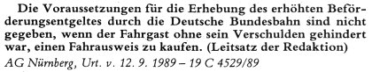 Kein erhöhter Fahrpreis, wenn kein eigenes Verschulden (Urteil AG Nürnberg)